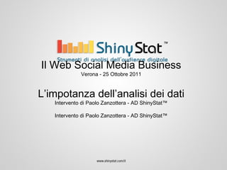 Il Web Social Media Business
Verona - 25 Ottobre 2011
L’impotanza dell’analisi dei dati
Intervento di Paolo Zanzottera - AD ShinyStat™
Intervento di Paolo Zanzottera - AD ShinyStat™
 