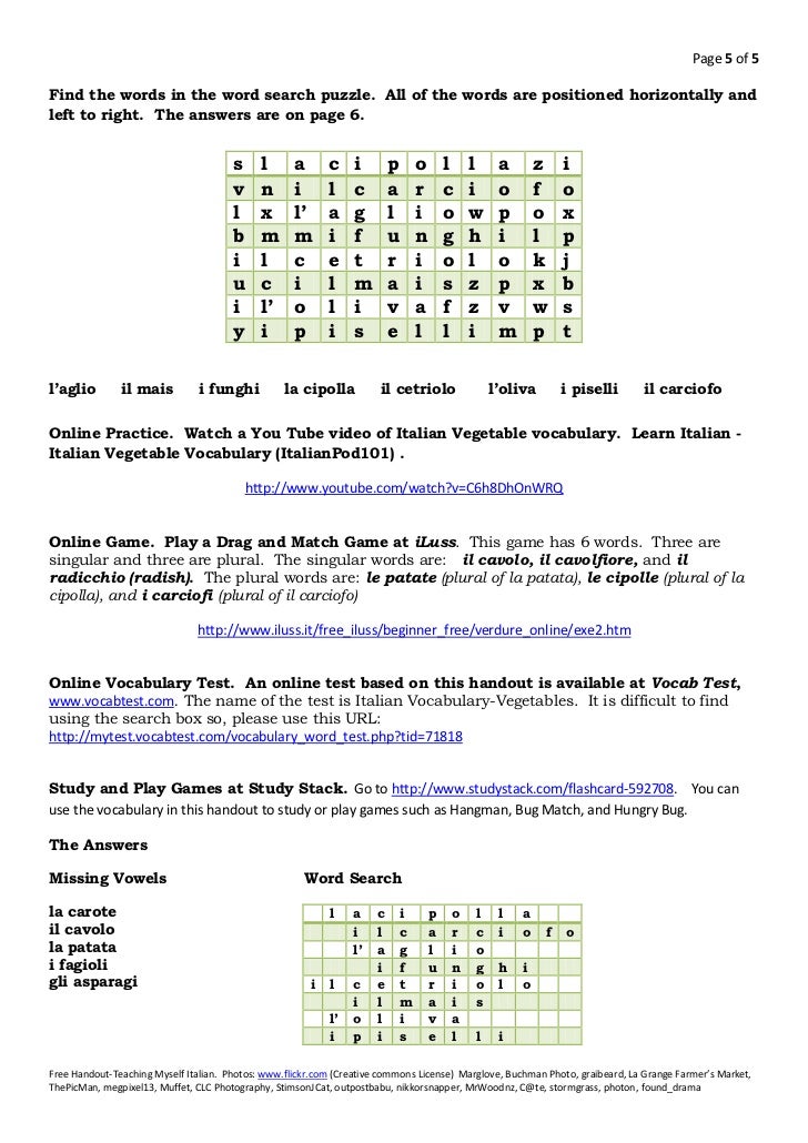 Italian Food Vocabulary Vegetables