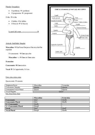 Plurales Irregulares
 Il problema  i problemi
 Il programma  i programmi
Il dito  le dita
 Il labbro  le labbra
 Il braccio  le braccia
Le parti del corpo -------------------------
Artículo Indefinido Singular
Masculino  Un Nome Un paese Un orecchio Un
ospedale
S+consonante  Uno specchio
Masculino + z  Uno zio Uno zaino
Femenino
Consonante  Una tastiera
Vocal  Un’opportunità, Un’ora
Este, esta,estos,estas
Questa notte  stanotte
Empiezen/Sean Masculina Femenina
Consonante Singular Questo Questa
Consonante/Vocal Plural Questi Queste
Vocal Singular Quest’
Ese, Esa,Esos, Esas
Masculina Femenina
Consonante Quel Quella
Consonante Plural Quei Quelle
S + Consonante Quello -
S + Consonante Plural Quegli -
Vocal Quel Quell’
Vocal Plural Quegli Quelle
 