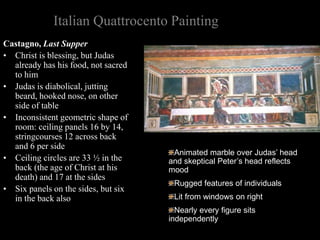 Italian Quattrocento Painting
Castagno, Last Supper
• Christ is blessing, but Judas
already has his food, not sacred
to him
• Judas is diabolical, jutting
beard, hooked nose, on other
side of table
• Inconsistent geometric shape of
room: ceiling panels 16 by 14,
stringcourses 12 across back
and 6 per side
• Ceiling circles are 33 ½ in the
back (the age of Christ at his
death) and 17 at the sides
• Six panels on the sides, but six
in the back also
Animated marble over Judas’ head
and skeptical Peter’s head reflects
mood
Rugged features of individuals
Lit from windows on right
Nearly every figure sits
independently
 