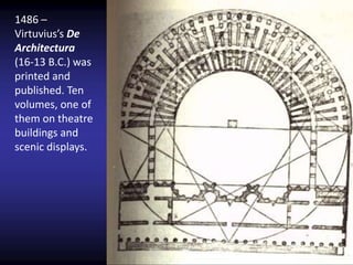 1486 –
Virtuvius’s De
Architectura
(16-13 B.C.) was
printed and
published. Ten
volumes, one of
them on theatre
buildings and
scenic displays.
 