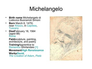 Michelangelo Birth name  Michelangelo di Lodovico Buonarroti Simoni Born  March 6, 1475) near  Arezzo , in  Caprese ,  Tuscany Died February 18, 1564 (aged88) Rome Field sculpture, painting, architecture, and poetry Training Apprentice to  Domenico  Ghirlandaio   [1] Movement High  Renaissance Works David ,  The Creation of Adam ,  Pietà 
