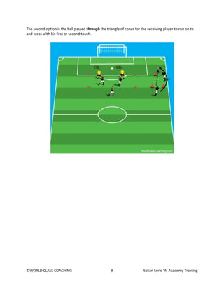 ©WORLD CLASS COACHING 8 Italian Serie ‘A’ Academy Training
The second option is the ball passed through the triangle of cones for the receiving player to run on to
and cross with his first or second touch.
 
