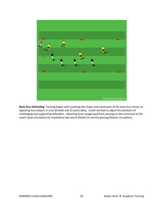 ©WORLD CLASS COACHING 10 Italian Serie ‘A’ Academy Training
Back Four Defending: Training began with coaching the shape and movement of the back four versus an
opposing four players in area 30 wide and 15 yards deep. Coach worked to adjust the positions of
challenging and supporting defenders. Attacking team progressed from passing on the command of the
coach (slow circulation) to mandatory two-touch (faster) to normal passing (fastest circulation).
 