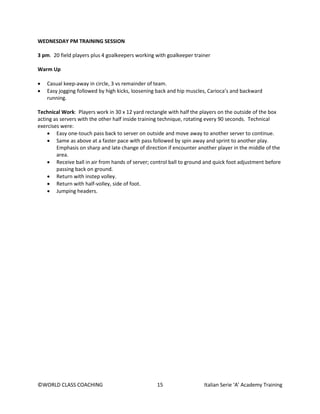 ©WORLD CLASS COACHING 15 Italian Serie ‘A’ Academy Training
WEDNESDAY PM TRAINING SESSION
3 pm. 20 field players plus 4 goalkeepers working with goalkeeper trainer
Warm Up
• Casual keep-away in circle, 3 vs remainder of team.
• Easy jogging followed by high kicks, loosening back and hip muscles, Carioca’s and backward
running.
Technical Work: Players work in 30 x 12 yard rectangle with half the players on the outside of the box
acting as servers with the other half inside training technique, rotating every 90 seconds. Technical
exercises were:
• Easy one-touch pass back to server on outside and move away to another server to continue.
• Same as above at a faster pace with pass followed by spin away and sprint to another play.
Emphasis on sharp and late change of direction if encounter another player in the middle of the
area.
• Receive ball in air from hands of server; control ball to ground and quick foot adjustment before
passing back on ground.
• Return with instep volley.
• Return with half-volley, side of foot.
• Jumping headers.
 