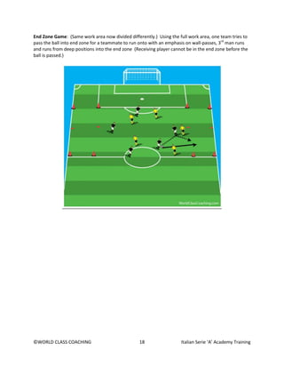 ©WORLD CLASS COACHING 18 Italian Serie ‘A’ Academy Training
End Zone Game: (Same work area now divided differently.) Using the full work area, one team tries to
pass the ball into end zone for a teammate to run onto with an emphasis on wall-passes, 3rd
man runs
and runs from deep positions into the end zone (Receiving player cannot be in the end zone before the
ball is passed.)
 
