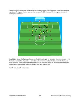 ©WORLD CLASS COACHING 19 Italian Serie ‘A’ Academy Training
Squad remains in two groups but a number of Primavera players join the second group to increase the
squad size. First group does core/abdominal exercises for 10 minutes while other group plays small-
sided game as follows:
Small Sided Game: 7 v 7 plus goalkeepers on field 40 yds long by 36 yds wide. One team plays in 4-2-1
formation while other plays in 3-3-1 formation with players in positions that approximate their usual
team positions. Game tempo is kept high with kick-ins instead of throw-ins, distribution from keepers’
(spare balls in goal) instead of goal kicks, extra balls with coaches, etc.
Gentle cool down to end session.
 