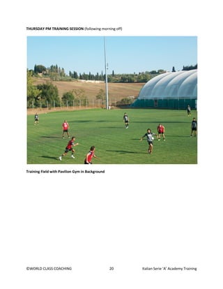 ©WORLD CLASS COACHING 20 Italian Serie ‘A’ Academy Training
THURSDAY PM TRAINING SESSION (following morning off)
Training Field with Pavilion Gym in Background
 