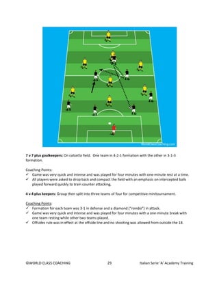 ©WORLD CLASS COACHING 29 Italian Serie ‘A’ Academy Training
7 v 7 plus goalkeepers: On calcetto field. One team in 4-2-1 formation with the other in 3-1-3
formation.
Coaching Points:
 Game was very quick and intense and was played for four minutes with one-minute rest at a time.
 All players were asked to drop back and compact the field with an emphasis on intercepted balls
played forward quickly to train counter attacking.
4 v 4 plus keepers: Group then split into three teams of four for competitive minitournament.
Coaching Points:
 Formation for each team was 3-1 in defense and a diamond (“rombo”) in attack.
 Game was very quick and intense and was played for four minutes with a one-minute break with
one team resting while other two teams played.
 Offsides rule was in effect at the offside line and no shooting was allowed from outside the 18.
 
