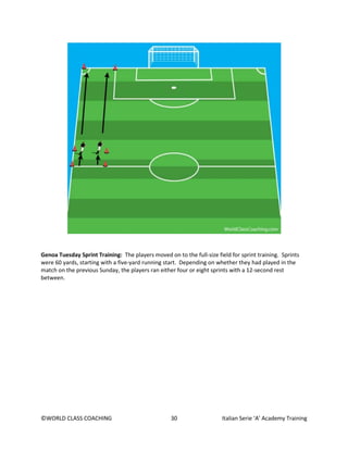 ©WORLD CLASS COACHING 30 Italian Serie ‘A’ Academy Training
Genoa Tuesday Sprint Training: The players moved on to the full-size field for sprint training. Sprints
were 60 yards, starting with a five-yard running start. Depending on whether they had played in the
match on the previous Sunday, the players ran either four or eight sprints with a 12-second rest
between.
 