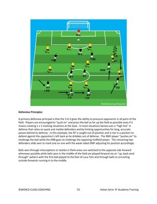 ©WORLD CLASS COACHING 55 Italian Serie ‘A’ Academy Training
Defensive Principles:
A primary defensive principal is that the 3-4-3 gives the ability to pressure opponents in all parts of the
field. Players are encouraged to “push on” and press the ball as far up the field as possible even if it
means creating 1 v 1 marking situations at the back. In most situations Genoa uses a “high line” in
defense that relies on quick and mobile defenders and by limiting opportunities for long, accurate
passes behind its defense. In this example, the RF is caught out of position and is not in a position to
defend against the opposition’s left back as he dribbles out of defense. The RMF player “pushes on” to
challenge the ball while the ORB goes to challenge the opposing midfield player. The remaining two
defenders slide over to mark one on one with the weak-sided OMF adjusting his position accordingly.
Balls won through interceptions or tackles in flank areas are switched to the opposite side forward
whenever possible while balls won in the middle of the field are played forward via an “up, back amd
through” pattern with the first ball played to the feet of Luca Toni and through balls to onrushing
outside forwards running in to the middle.
 