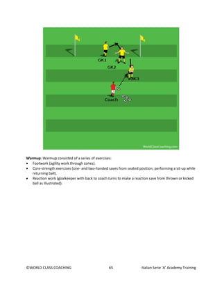 ©WORLD CLASS COACHING 65 Italian Serie ‘A’ Academy Training
Warmup: Warmup consisted of a series of exercises:
• Footwork (agility work through cones).
• Core-strength exercises (one- and two-handed saves from seated position; performing a sit-up while
returning ball).
• Reaction work (goalkeeper with back to coach turns to make a reaction save from thrown or kicked
ball as illustrated).
 