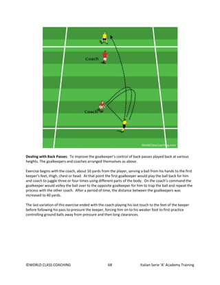 ©WORLD CLASS COACHING 68 Italian Serie ‘A’ Academy Training
Dealing with Back Passes: To improve the goalkeeper’s control of back passes played back at various
heights. The goalkeepers and coaches arranged themselves as above.
Exercise begins with the coach, about 10 yards from the player, serving a ball from his hands to the first
keeper’s feet, thigh, chest or head. At that point the first goalkeeper would play the ball back for him
and coach to juggle three or four times using different parts of the body. On the coach’s command the
goalkeeper would volley the ball over to the opposite goalkeeper for him to trap the ball and repeat the
process with the other coach. After a period of time, the distance between the goalkeepers was
increased to 40 yards.
The last variation of this exercise ended with the coach playing his last touch to the feet of the keeper
before following his pass to pressure the keeper, forcing him on to his weaker foot to first practice
controlling ground balls away from pressure and then long clearances.
 