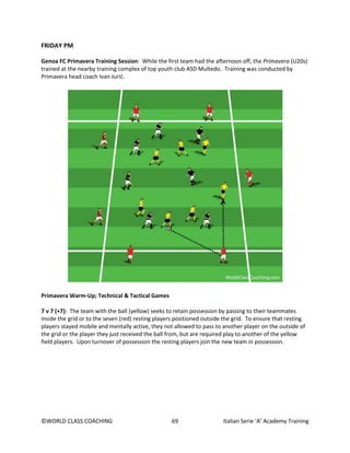 ©WORLD CLASS COACHING 69 Italian Serie ‘A’ Academy Training
FRIDAY PM
Genoa FC Primavera Training Session: While the first team had the afternoon off, the Primavera (U20s)
trained at the nearby training complex of top youth club ASD Multedo. Training was conducted by
Primavera head coach Ivan Jurić.
Primavera Warm-Up; Technical & Tactical Games
7 v 7 (+7): The team with the ball (yellow) seeks to retain possession by passing to their teammates
inside the grid or to the seven (red) resting players positioned outside the grid. To ensure that resting
players stayed mobile and mentally active, they not allowed to pass to another player on the outside of
the grid or the player they just received the ball from, but are required play to another of the yellow
field players. Upon turnover of possession the resting players join the new team in possession.
 