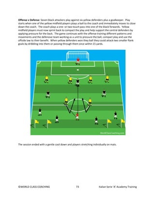 ©WORLD CLASS COACHING 73 Italian Serie ‘A’ Academy Training
Offense v Defense: Seven black attackers play against six yellow defenders plus a goalkeeper. Play
starts when one of the yellow midfield players plays a ball to the coach and immediately moves to close
down the coach. The coach plays a one- or two-touch pass into one of the black forwards. Yellow
midfield players must now sprint back to compact the play and help support the central defenders by
applying pressure for the back. The game continues with the offense training different patterns and
movements and the defensive team working as a unit to pressure the ball, compact play and use the
offside law to their benefit. When yellow defenders won they ball they could attack two smaller flank
goals by dribbling into them or passing through them once within 15 yards.
The session ended with a gentle cool down and players stretching individually on mats.
 