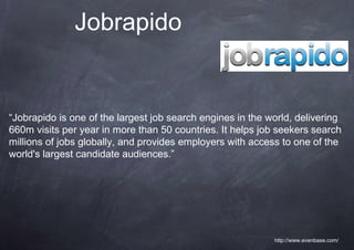 Jobrapido


“Jobrapido is one of the largest job search engines in the world, delivering
660m visits per year in more than 50 countries. It helps job seekers search
millions of jobs globally, and provides employers with access to one of the
world's largest candidate audiences.”




                                                            http://www.evenbase.com/
 