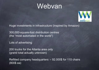 Webvan

Huge investments in infrastructure (inspired by Amazon)

300,000-square-foot distribution centres
(the “most automated in the world”)

Lots of advertising

200 trucks for the Atlanta area only
(grand total actually unknown)

Refitted company headquarters → 92.000$ for 115 chairs
(800$ ea)
 