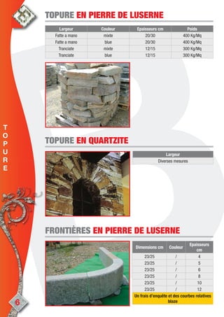 Largeur Couleur Epaisseurs cm Poids
Fatte a mano mixte 20/30 400 Kg/Mq
Fatte a mano blue 20/30 400 Kg/Mq
Tranciate mixte 12/15 300 Kg/Mq
Tranciate blue 12/15 300 Kg/Mq
TOPURETOPURE EN PIERRE DE LUSERNEEN PIERRE DE LUSERNE
Largeur
Diverses mesures
TOPURETOPURE EN QUARTZITEEN QUARTZITE
Dimensions cm Couleur
Epaisseurs
cm
23/25 / 4
23/25 / 5
23/25 / 6
23/25 / 8
23/25 / 10
23/25 / 12
Un frais d’enquête et des courbes relatives
blaze
FRONTIÈRESFRONTIÈRES EN PIERRE DE LUSERNEEN PIERRE DE LUSERNE
6
T
O
P
U
R
E
 