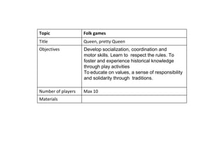 Topic Folk games
Title Queen, pretty Queen
Objectives Develop socialization, coordination and
motor skills. Learn to respect the rules. To
foster and experience historical knowledge
through play activities
To educate on values, a sense of responsibility
and solidarity through traditions.
Number of players Max 10
Materials
 