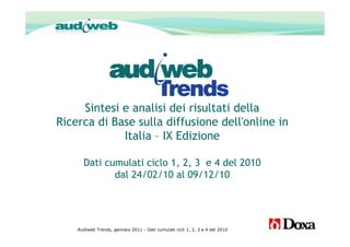 Audiweb Trends

     Sintesi e analisi dei risultati della
Ricerca di Base sulla diffusione dell'online in
             Italia – IX Edizione

      Dati cumulati ciclo 1, 2, 3 e 4 del 2010
             dal 24/02/10 al 09/12/10




                                                                              1   1
    Audiweb Trends, gennaio 2011 - Dati cumulati cicli 1, 2, 3 e 4 del 2010
 