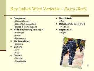 Key Italian Wine Varietals –  Rosso (Red) Sangiovese -  Chianti Classico - Brunello di Montalcino - Rosso di Montepuciano Nebbiolo  (meaning “little frog”) - Piedmont -  Barolo - Barbaresco Montepulciano - Abruzzo Barbera - Asti - Alba Corvina -   Veneto - Valpolicella Nero d’Avola - Sicily Dolcetto  (“little sweet one”) - Piedmont Negroamaro - Puglia 