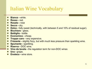 Italian Wine Vocabulary Bianco -  white. Rosso -  red. Rosato -  rose   Secco -  dry. Dolce -  fully sweet (technically, with between 5 and 10% of residual sugar). Bicchiere -  glass. Bottiglia -  bottle. Economico -  cheap. Troppo caro -  very expensive. Frizzante -  slightly fizzy, but with much less pressure than sparkling wine. Spumante -  sparkling. Riserva -  DOC wine. Vino da tavola -  the regulation term for non-DOC wines Uva -  grape. Enoteca -  wine store. 