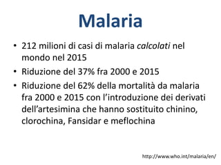 Malaria
• 212 milioni di casi di malaria calcolati nel
mondo nel 2015
• Riduzione del 37% fra 2000 e 2015
• Riduzione del 62% della mortalità da malaria
fra 2000 e 2015 con l’introduzione dei derivati
dell’artesimina che hanno sostituito chinino,
clorochina, Fansidar e meflochina
http://www.who.int/malaria/en/
 