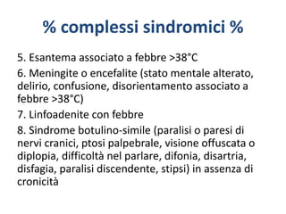 % complessi sindromici %
5. Esantema associato a febbre >38°C
6. Meningite o encefalite (stato mentale alterato,
delirio, confusione, disorientamento associato a
febbre >38°C)
7. Linfoadenite con febbre
8. Sindrome botulino-simile (paralisi o paresi di
nervi cranici, ptosi palpebrale, visione offuscata o
diplopia, difficoltà nel parlare, difonia, disartria,
disfagia, paralisi discendente, stipsi) in assenza di
cronicità
 