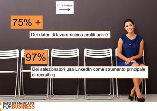 75% +
Dei datori di lavoro ricerca profili online
97%
Dei selezionatori usa LinkedIn come strumento principale
di recruiting
 
