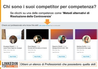 Chi sono i suoi competitor per competenza?
Se clicchi su una delle competenze come “Metodi alternativi di
Risoluzione delle Controversie”
Ottieni un elenco di Professionisti che possiedono quella skill
 