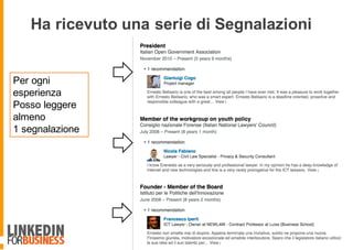 Ha ricevuto una serie di Segnalazioni
Per ogni
esperienza
Posso leggere
almeno
1 segnalazione
 