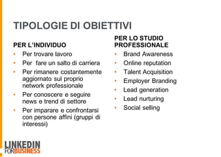TIPOLOGIE DI OBIETTIVI
PER L’INDIVIDUO
• Per trovare lavoro
• Per fare un salto di carriera
• Per rimanere costantemente
aggiornato sul proprio
network professionale
• Per conoscere e seguire
news e trend di settore
• Per imparare e confrontarsi
con persone affini (gruppi di
interessi)
PER LO STUDIO
PROFESSIONALE
• Brand Awareness
• Online reputation
• Talent Acquisition
• Employer Branding
• Lead generation
• Lead nurturing
• Social selling
 