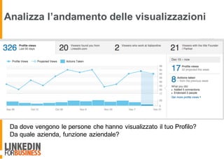 Analizza l’andamento delle visualizzazioni
Da dove vengono le persone che hanno visualizzato il tuo Profilo?
Da quale azienda, funzione aziendale?
 