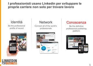 Conoscenza
Be the definitive
professional publishing
platform
Network
Connect all of the world’s
professionals
Identità
Be the professional
profile of record
I professionisti usano Linkedin per sviluppare le
proprie carriere non solo per trovare lavoro
5
 