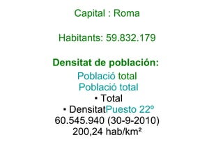 Capital : Roma Habitants: 59.832.179 Densitat de población:   Població  total   Població  total  • Total  • Densitat Puesto  22º 60.545.940 (30-9-2010) 200,24 hab/km² 