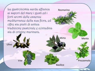 La gastronomia sarda affianca
ai sapori del mare i gusti ed i
forti aromi delle essenze
mediterranee della sua flora, ed
offre sia piatti di antica
tradizione pastorale e contadina
sia di origine marinara.
Rosmarino
MentaMirto
Prezzemolo
Basilico
Ulivo
Vite
 