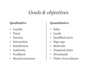 Goals & objectives

Qualitative            Quantitative

•   Loyalty            •   Sales
•   Trust              •   Leads
•   Passion            •   Qualified users
•   Interaction        •   Sign-ups
•   Satisfaction       •   Referrals
•   Authority          •   Targeted clicks
•   Feedback           •   Downloads
•   Brand awareness    •   Video views/shares
 