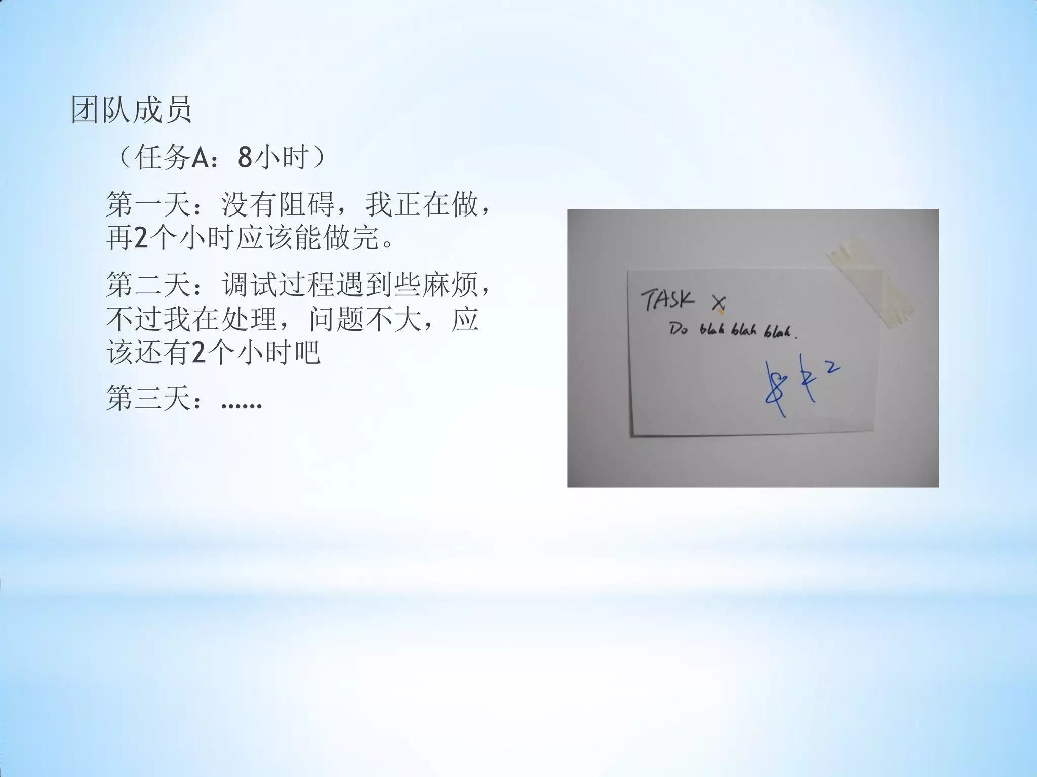 团队成员
 （任务A：8小时）
 第一天：没有阻碍，我正在做，
 再2个小时应该能做完。
 第二天：调试过程遇到些麻烦，
 不过我在处理，问题不大，应
 该还有2个小时吧
 第三天：……
 