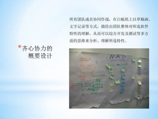 所有团队成员协同作战，在白板纸上以草稿画、
    文字记录等方式，描绘出团队整体对所选软件
    特性的理解，从而可以综合开发及测试等多方
    面的思维来分析、理解所选特性。

*
 