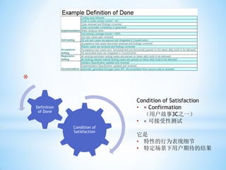 *
                                Condition of Satisfaction
    Definition                  • = Confirmation
     of Done
                                  （用户故事3C之一）
                                • ≈ 可接受性测试
                 Condition of
                 Satisfaction
                                它是
                                • 特性的行为表现细节
                                • 特定场景下用户期待的结果
 