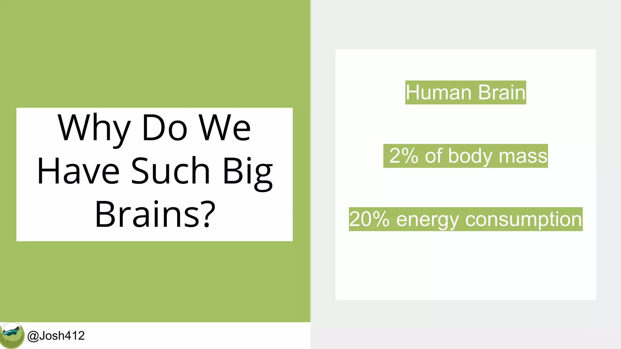 @Josh412 CalderaWP.com
Why Do We
Have Such Big
Brains?
Human Brain
2% of body mass
20% energy consumption
 