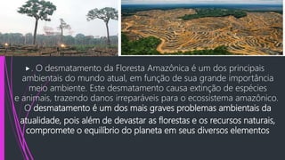 . O desmatamento da Floresta Amazônica é um dos principais
ambientais do mundo atual, em função de sua grande importância
meio ambiente. Este desmatamento causa extinção de espécies
e animais, trazendo danos irreparáveis para o ecossistema amazônico.
O desmatamento é um dos mais graves problemas ambientais da
atualidade, pois além de devastar as florestas e os recursos naturais,
compromete o equilíbrio do planeta em seus diversos elementos
 