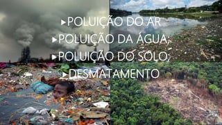 POLUIÇÃO DO AR
POLUIÇÃO DA ÁGUA;
POLUIÇÃO DO SOLO;
DESMATAMENTO
 