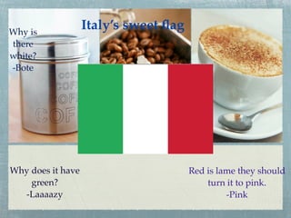 Why is
                   Italy’s sweet ﬂag
there
white?
-Bote




Why does it have                       Red is lame they should
    green?                                 turn it to pink.
  -Laaaazy                                      -Pink
 