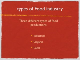 types of Food industry
Three different types of food
productions
Industrial
Organic
Local

 