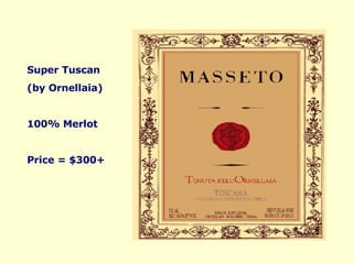 Super Tuscan (by Ornellaia) 100% Merlot Price = $300+ 