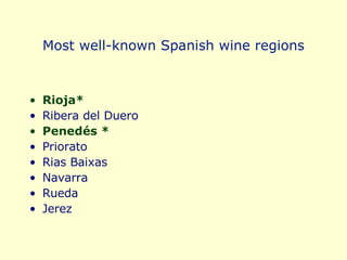 Most well-known Spanish wine regions Rioja* Ribera del Duero Penedés * Priorato Rias Baixas Navarra Rueda Jerez 