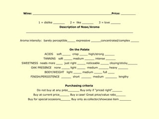 Wine:  ________________________________________________ Price:  _________ 1 = dislike _______  2 =  like _______  3 = love ______ Description of Nose/Aroma _________________________________________________________________ Aroma intensity:  barely perceptible_____ expressive ______concentrated/complex _____ On the Palate ACIDS  soft _____  crisp _____ high/strong ______ TANNINS  soft _____ medium ______ intense ______ SWEETNESS  needs more ____  just right _____ noticeable _____ cloying/sticky______ OAK PRESENCE  none _____ light _____  medium ______ heavy ______ BODY/WEIGHT  light _____ medium _____ full ____ FINISH/PERSISTENCE  ______  short  ______  medium  _______  lengthy Purchasing criteria  Do not buy at any price_______ Buy only if "priced right"______ Buy at current price______ Buy a case! Great price/value ratio______ Buy for special occasions______ Buy only as collector/showcase item _______ 