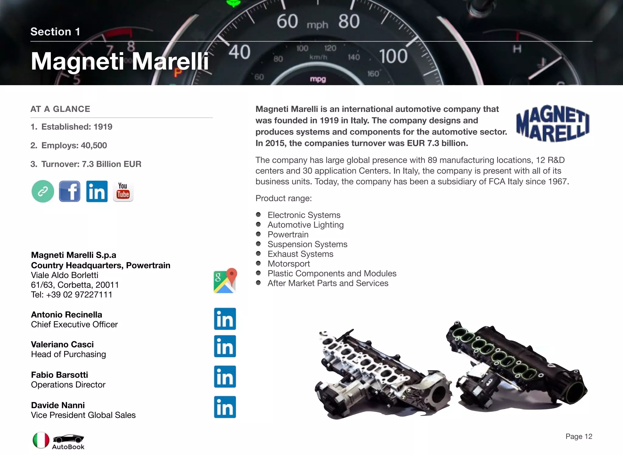 Magneti Marelli is an international automotive company that
was founded in 1919 in Italy. The company designs and
produces systems and components for the automotive sector.
In 2015, the companies turnover was EUR 7.3 billion.
The company has large global presence with 89 manufacturing locations, 12 R&D
centers and 30 application Centers. In Italy, the company is present with all of its
business units. Today, the company has been a subsidiary of FCA Italy since 1967.
Product range:
Electronic Systems
Automotive Lighting
Powertrain
Suspension Systems
Exhaust Systems
Motorsport
Plastic Components and Modules
After Market Parts and Services
Section 1
AT A GLANCE
1. Established: 1919
2. Employs: 40,500
3. Turnover: 7.3 Billion EUR
Magneti Marelli
Page 12
Magneti Marelli S.p.a
Country Headquarters, Powertrain
Viale Aldo Borletti
61/63, Corbetta, 20011
Tel: +39 02 97227111
Antonio Recinella
Chief Executive Officer
Valeriano Casci
Head of Purchasing
Fabio Barsotti
Operations Director
Davide Nanni
Vice President Global Sales