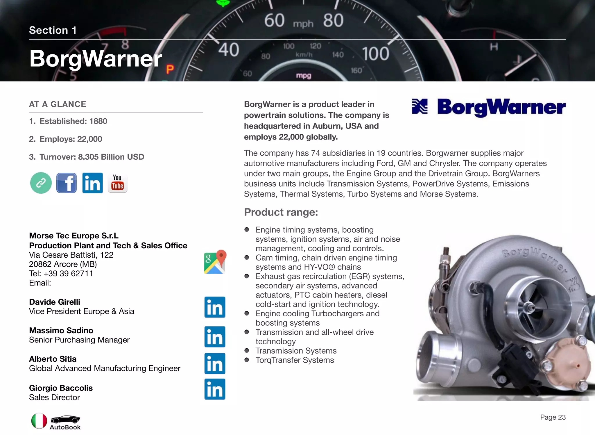 BorgWarner is a product leader in
powertrain solutions. The company is
headquartered in Auburn, USA and
employs 22,000 globally.
The company has 74 subsidiaries in 19 countries. Borgwarner supplies major
automotive manufacturers including Ford, GM and Chrysler. The company operates
under two main groups, the Engine Group and the Drivetrain Group. BorgWarners
business units include Transmission Systems, PowerDrive Systems, Emissions
Systems, Thermal Systems, Turbo Systems and Morse Systems.
Product range:
Engine timing systems, boosting
systems, ignition systems, air and noise
management, cooling and controls.
Cam timing, chain driven engine timing
systems and HY-VO® chains
Exhaust gas recirculation (EGR) systems,
secondary air systems, advanced
actuators, PTC cabin heaters, diesel
cold-start and ignition technology.
Engine cooling Turbochargers and
boosting systems
Transmission and all-wheel drive
technology
Transmission Systems
TorqTransfer Systems
Section 1
AT A GLANCE
1. Established: 1880
2. Employs: 22,000
3. Turnover: 8.305 Billion USD
BorgWarner
Page 23
Morse Tec Europe S.r.L
Production Plant and Tech & Sales Office
Via Cesare Battisti, 122
20862 Arcore (MB)
Tel: +39 39 62711
Email:
Davide Girelli
Vice President Europe & Asia
Massimo Sadino
Senior Purchasing Manager
Alberto Sitia
Global Advanced Manufacturing Engineer
Giorgio Baccolis
Sales Director